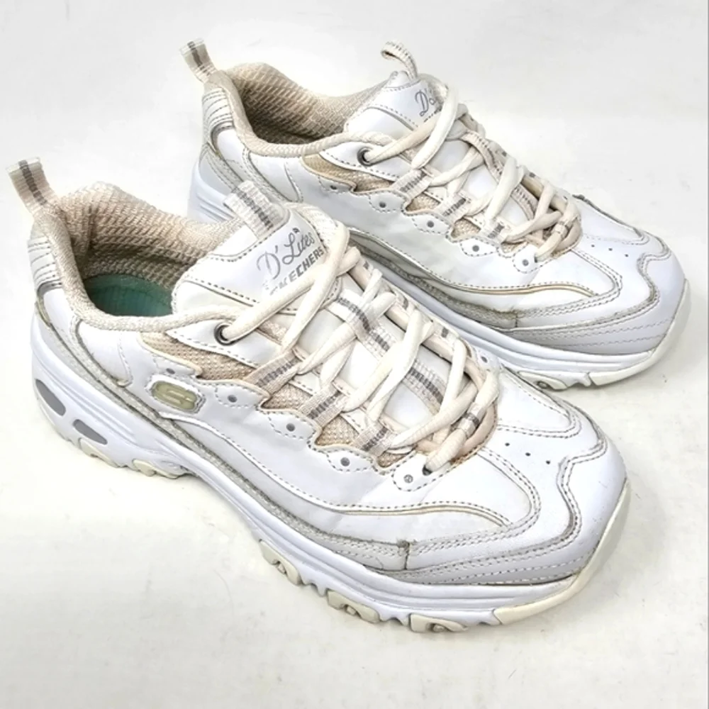 Skechers D Lites White Sneakers Leather Womens Size 6.5 Memory Foam 11931 LaceUp